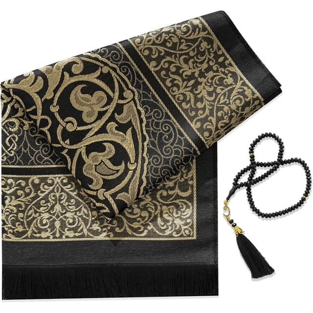 Muslim Prayer Rug with Prayer Beads - Prayer Mat - Prayer Rug - Prayer Matt Islam - Islamıc Prayer Mat - Travel Prayer Mat - Tasbih Prayer Beads - Islamic Gifts - 99 Prayer Beads Included (Black)