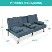 Best Choice Products Modern Linen Convertible Futon Sofa Bed w/ Removable Armrests, Metal Legs, Cupholders - Blue