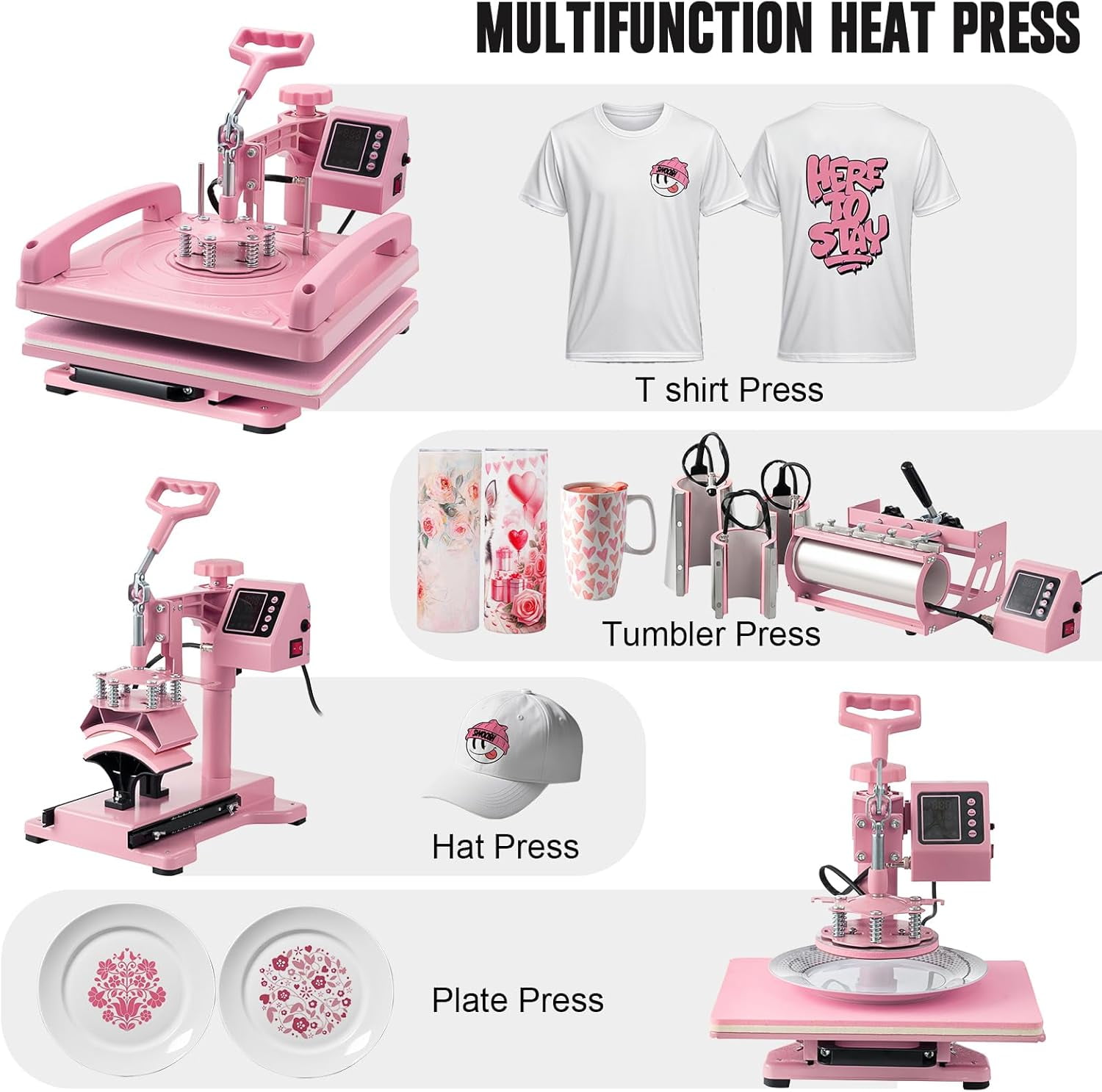 SHZOND 8 in 1 Heat Press Machine, Multifunction 15x15 inch Heat Press Transfer Machine, 360-Degree Swing Away Sublimation Machine for T-Shirt Hat Cap Mug Plate（Pink）