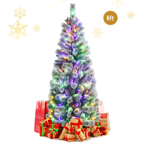 Topbuy 6FT Pre-lit Snow Flocked Christmas Pine Tree, Hinged Artificial Xmas Tree W/ 200 Remote-controlled Multi-Color LED Lights