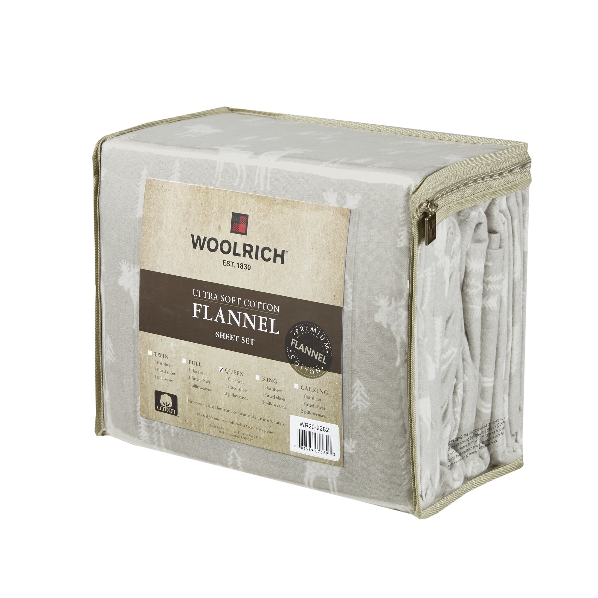 Woolrich 4-Piece Grey Moose Cotton Flannel Sheet Set, Queen