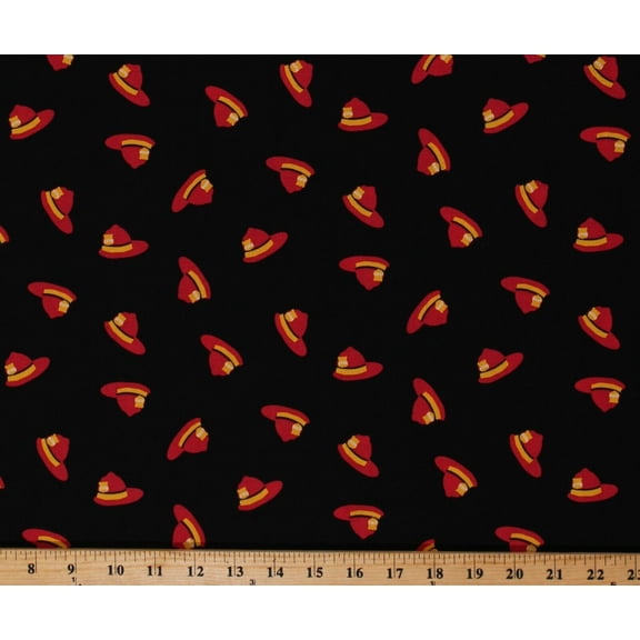 Cotton Fireman Hats Fire Hats Helmets Firefighters Firefighting Fire Pups Black Cotton Fabric Print by the Yard (AWN-18275-2BLACK)