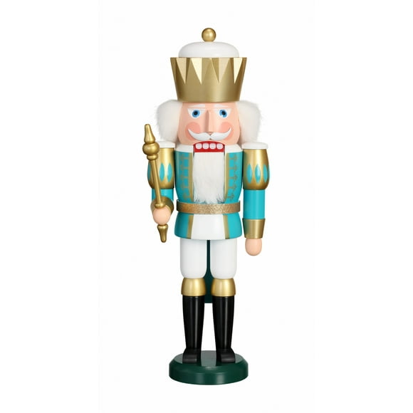 Casse-Noisette Allemand King Blanc-Turquoise, Hauteur 40 cm / 16 Pouces, Erzgebirge original par Seiffener Volkskunst