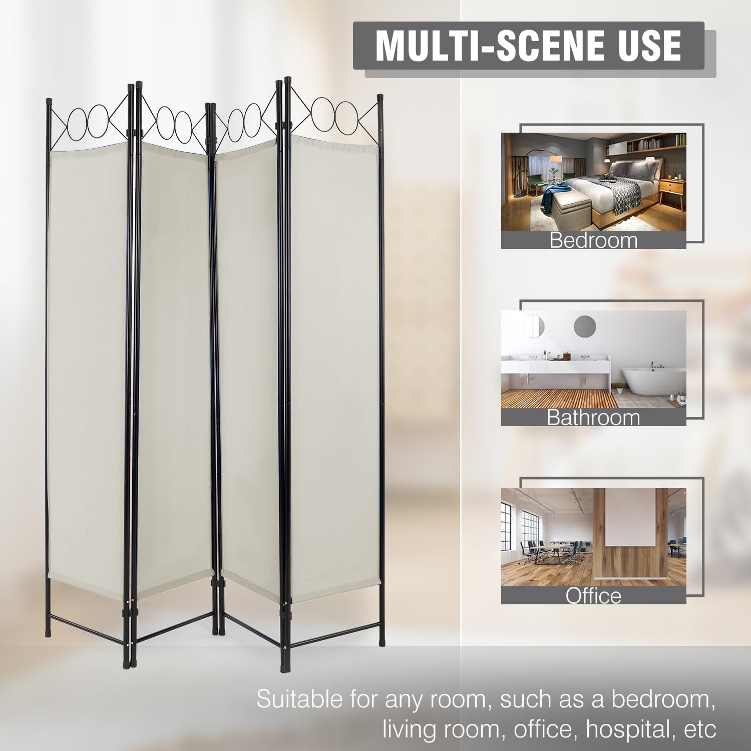 FDW 4 Panel Room Divider 6 ft Steel for Home Office Bedroom, Beige