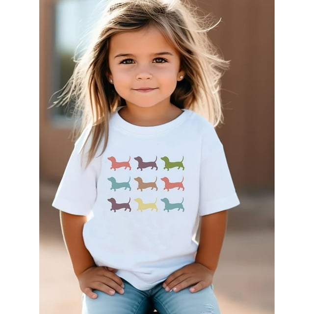 Multicolored Puppy Pattern Print Short-Sleeve T-Shirt for Girls, Round Neck Design, Casual And Stylish Summer Wear for Children, Suitable for Ages 1 to 8.