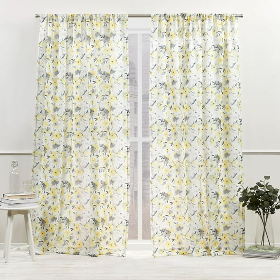 Nicole Miller New York Hattie Light Filtering, Semi Sheer Rod Pocket Curtain Panels, 54"x84", Yellow, Set of 2