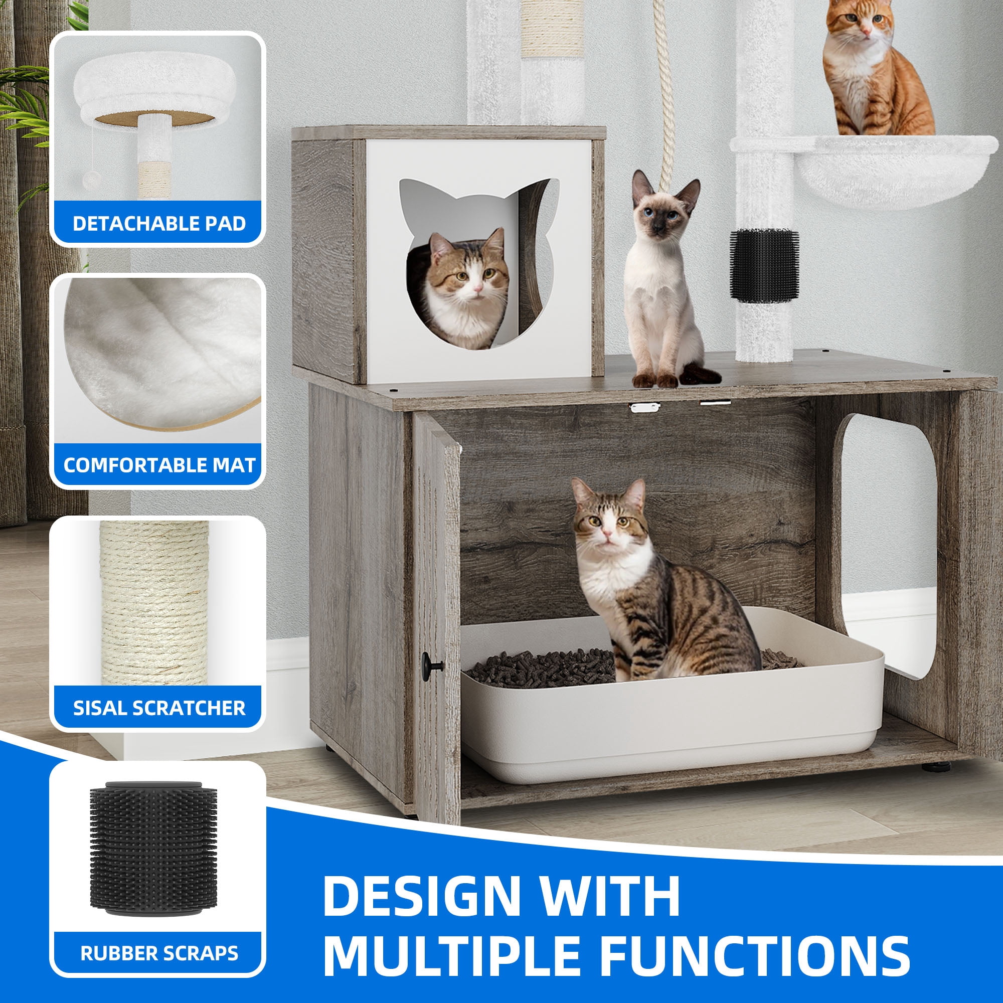 Dextrus 2-in-1 Cat Tree with Litter Box Enclosure,53.5" Large Modern Cat Condo with Scratching Posts, Perch, Food Station, Hammocks, Scratch Post, Gray
