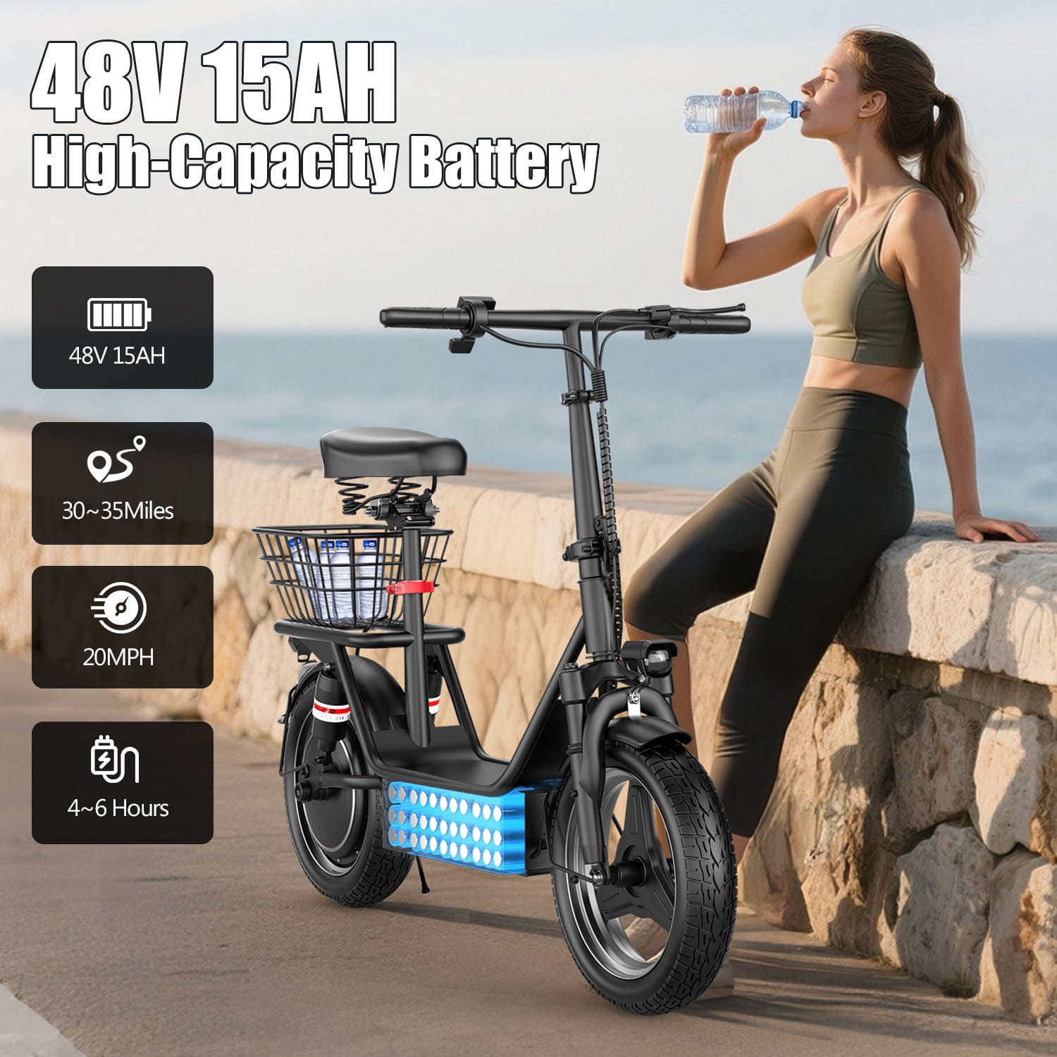 1200W Peak Electric Scooter with Basket or Box(Removable), 48V 15AH Peak Motor, Top Speed25 MPH, 25-30Mile, Adult Wide PedalEscooter with Seating Capacity of 365LBS