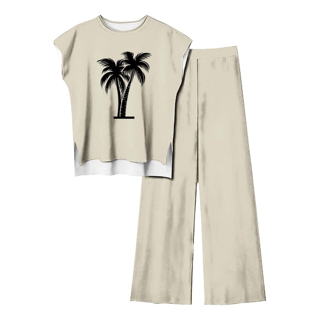 Pantalones Casuales sin Mangas Impresos con Cuello Redondo Conjunto Superior, Pantalones Ligeros Mujeres para Primavera Verano