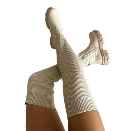 

Goxfaca Women Over Knee High Boots Knitted Thigh Boots Round Toe High Boots Fashionable and Comfortable Winter Long Boots with Spliced Design Perfect Winter Gift for Women
