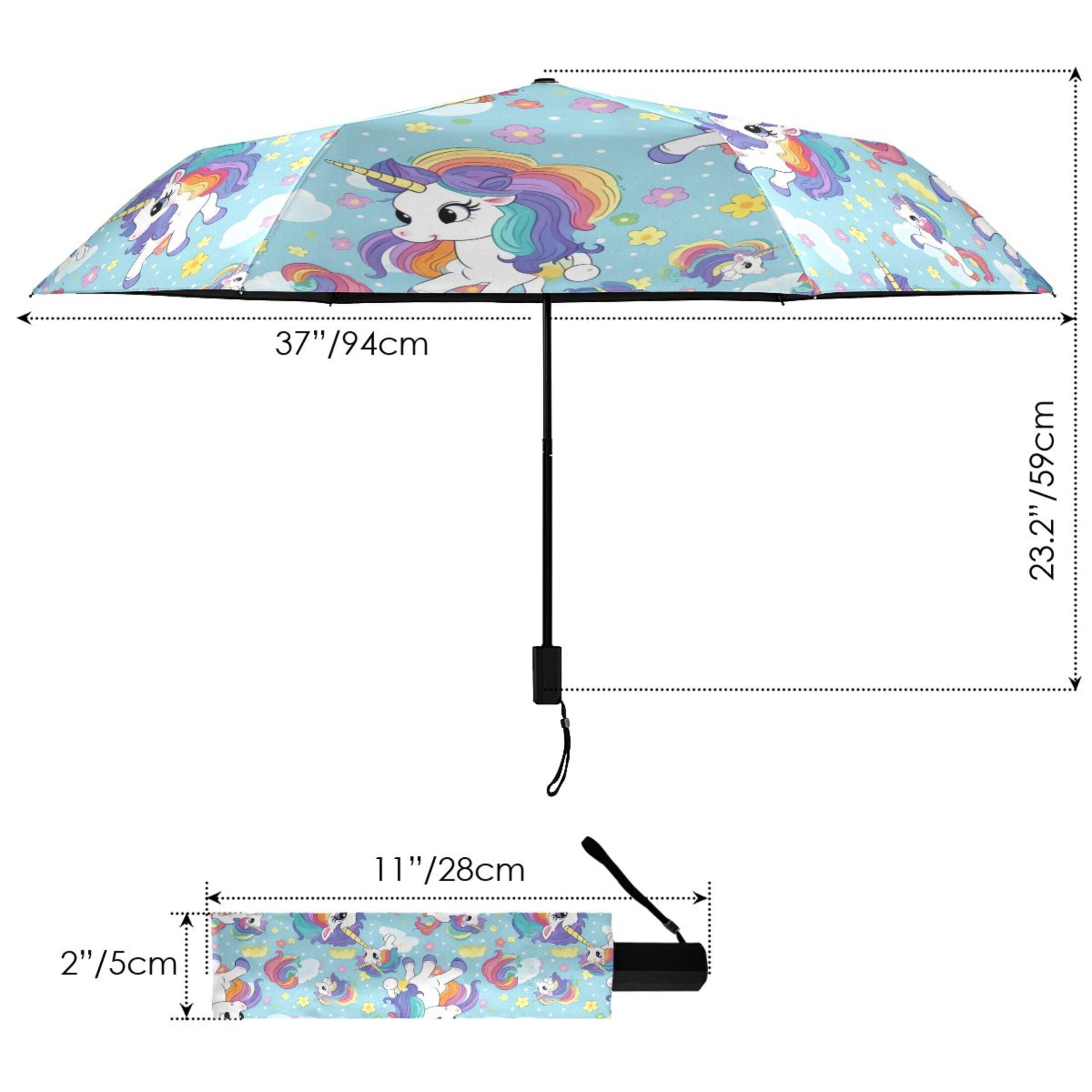 Cute Unicorns Compact Folding Umbrella for Rain Windproof Travel Umbrella UPF 50+ Lightweight Packable Arc Size