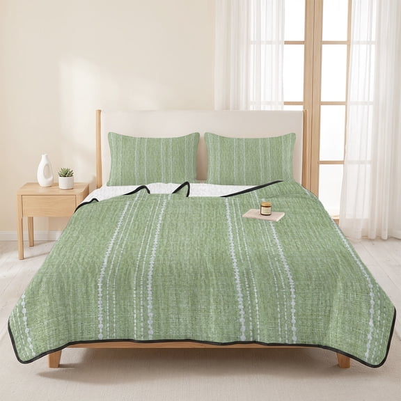 3 Pieces Queen Quilt Set,Olive Green and White Striped Soft Bedding Sets with 1 Quilt & 2 Pillow Shams,Modern Minimalist Lines Summer Bedspread Lightweight Coverlet Comforter for All Season