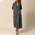 thumbnail image 5 of Horkkom Linen Dress Women Solid Color Crew Neck Short Sleeve Maxi Dresses Casual Flowy T Shirt Dress, S-2XL, 5 of 9