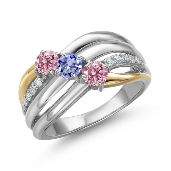 Gem Stone King 925 Silver and 10K Yellow Gold Pink Lab Grown Diamond and Blue Tanzanite and Lab Grown Diamond Engagement Ring for Women | 0.95 Cttw | Round 4MM | April Birthstone | Size 6