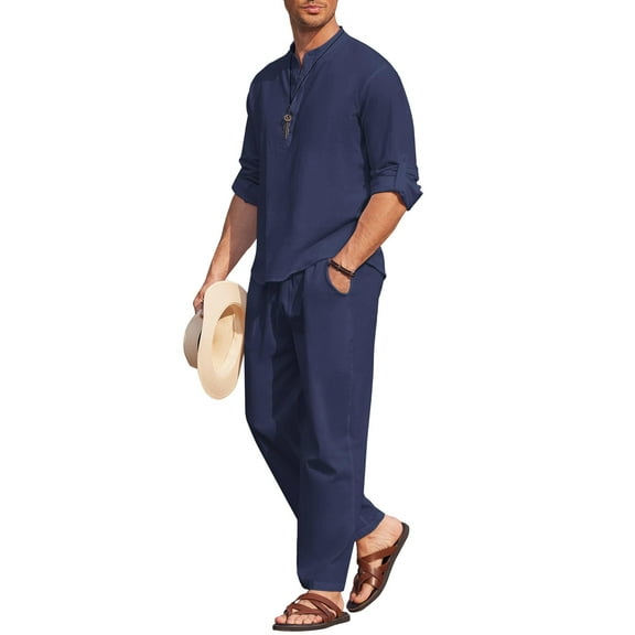 COOFANDY Men's 2 Pieces Cotton Linen Set Long Sleeve Henley Shirts Casual Beach Pants With Pockets Summer Yoga Outfits