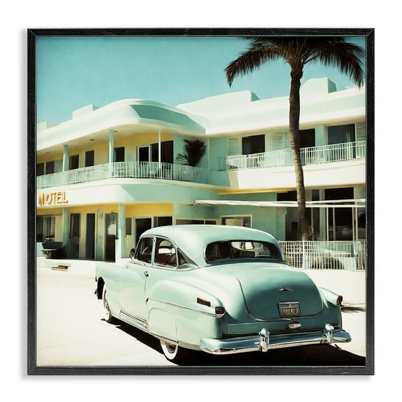 Stupell Industries Classic Car at Motel Transportation Painting Black Framed Art Print Wall Art, 12 x 12