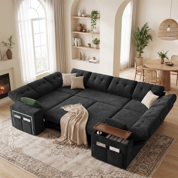 8-Seat Large U-Shaped Sectional Sofa with Pull-Out Bed, Reclining Backrest, USB & Type-C Charging, Removable Washable Chenille Cover, Tool-Free Assembly, Living Room Cloud Sofa