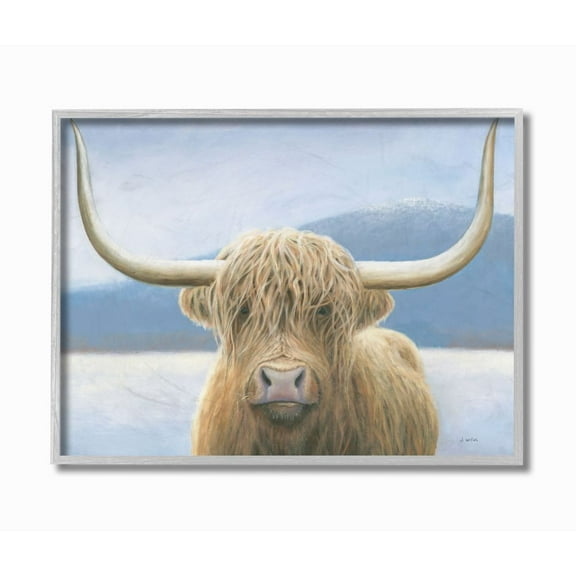Stupell Industries Landscape Mountain Large Cow Animal Blue Pastel Painting Gray Farmhouse Rustic Framed Giclee Texturized Art by James Wiens