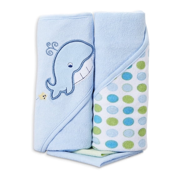 Spasilk Baby 2 Terry Hooded Towels & 2 Washcloths Bath Set for Newborns and Infants, Blue Whale