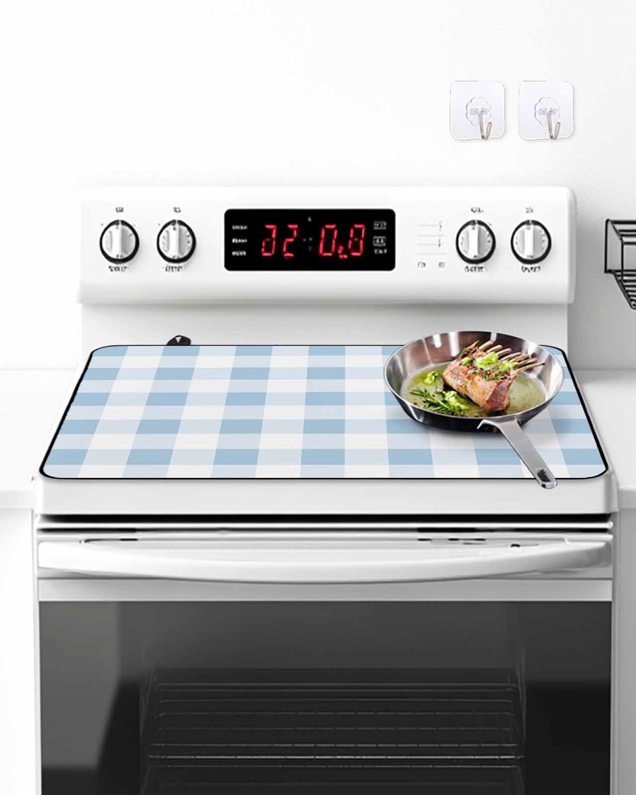 Stove Top Covers for Electric Stove, Blue Checkered Glass Stovetop Cover Protector, Blue White Buffalo Plaid Induction Cooktop Protector Oven Mat for Kitchen Countertop 24"x21"