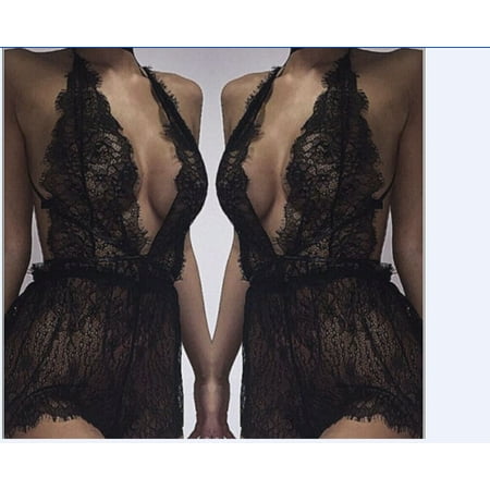 

Amuver Women Teddy Lingerie One-Piece Bodysuit Babydoll Lace Hollow Stretchy Nightwear Sling Mini Sexy Sleepwear for Lover