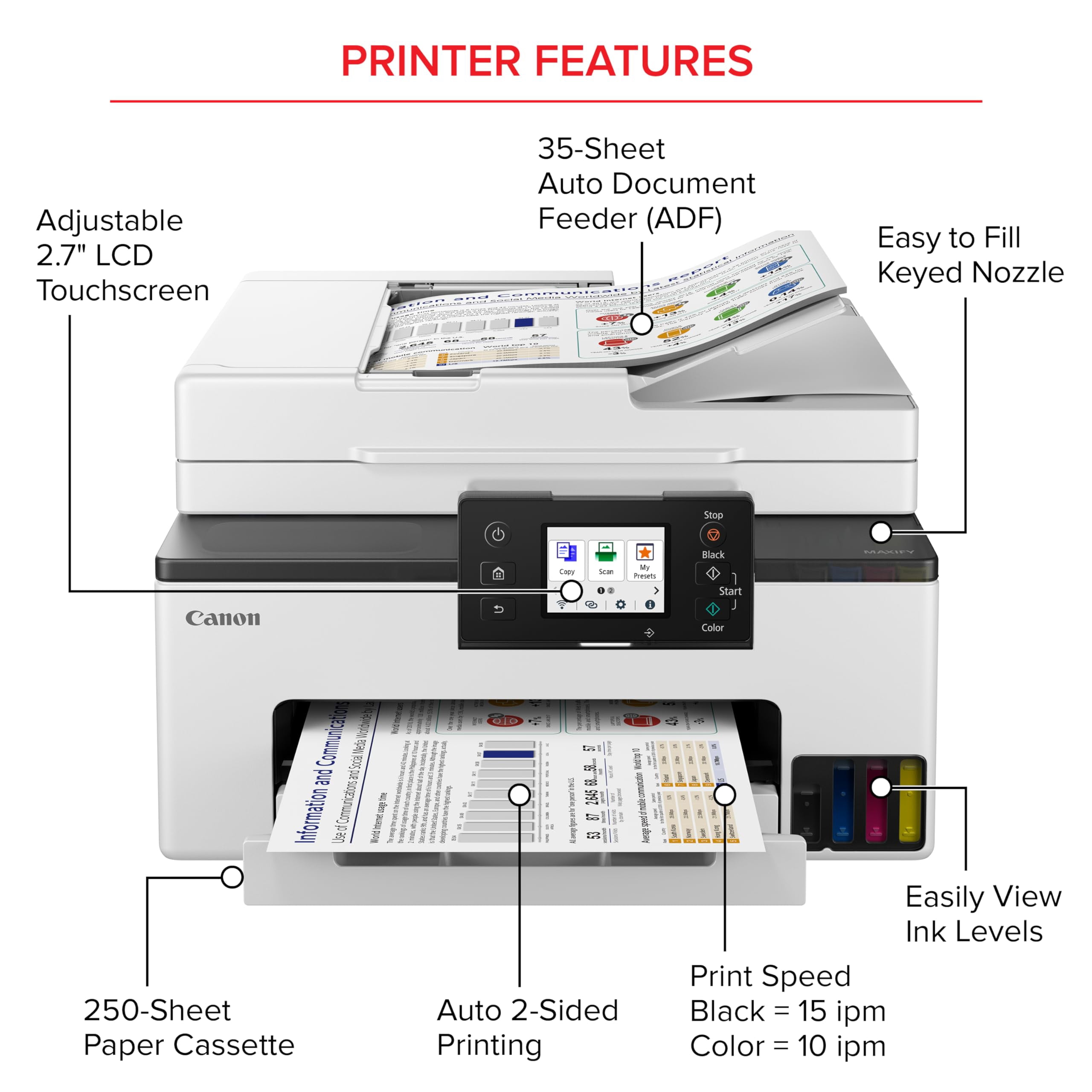 Canon MAXIFY GX2020 MegaTank All-in-One Wireless Color Inkjet Printer Copier Scanner with Duplex Printing Refillable Ink Tank for Home Office