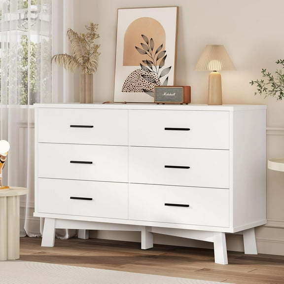 FANRAL 6 Drawer Dresser for Bedroom,Wood Modern Chest of Drawers with X-Shaped Sturdy Base,White Dresser