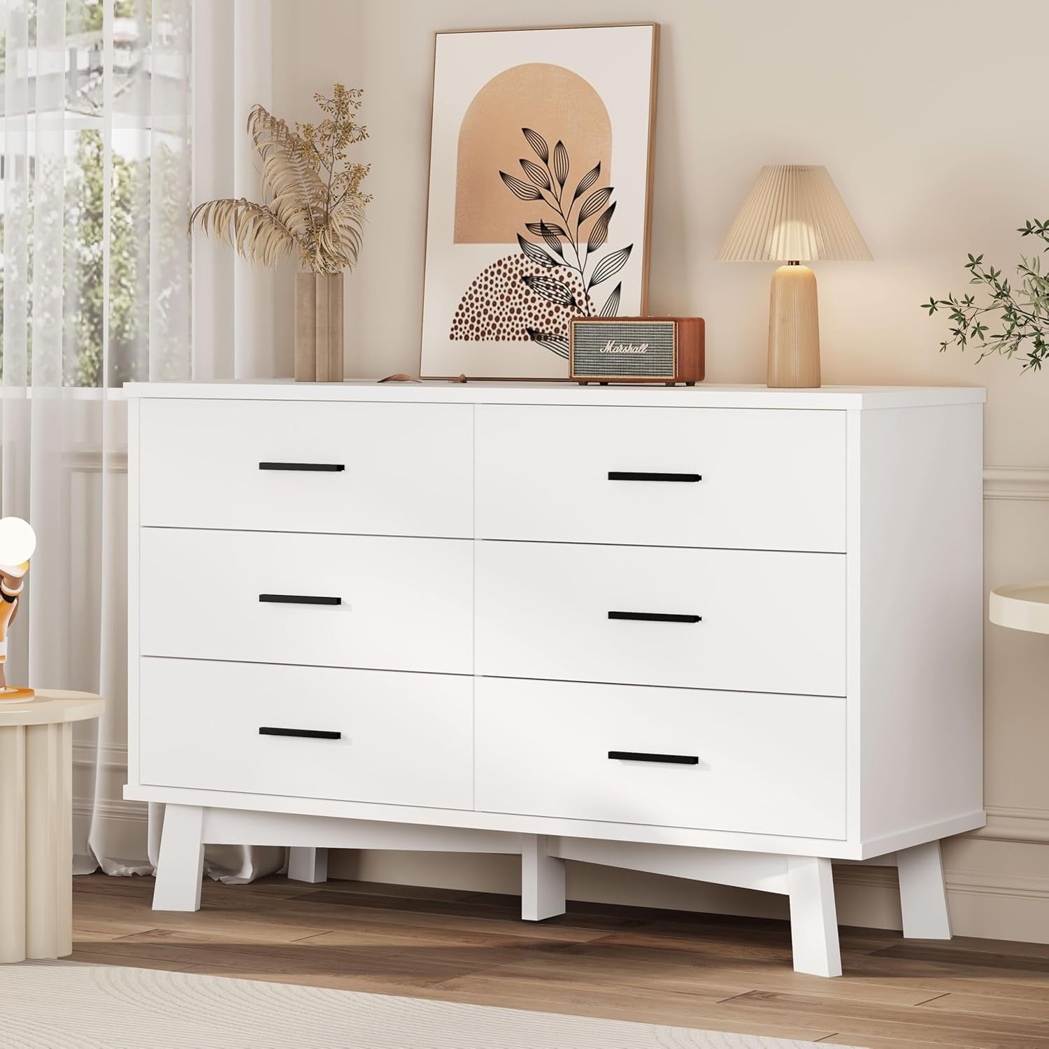 FANRAL 6 Drawers Dresser for Bedroom,Wood Modern Chest of Drawers with X-Shaped Sturdy Base,White Dresser