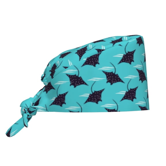 Scrub Caps Women Men - Cute Black Stingray Blue Funny Soft Comfy Waterproof Adjustable Working Cap Scrub Hats Surgical Caps for Women Men With Sweatband, Nurse Caps for Women Men