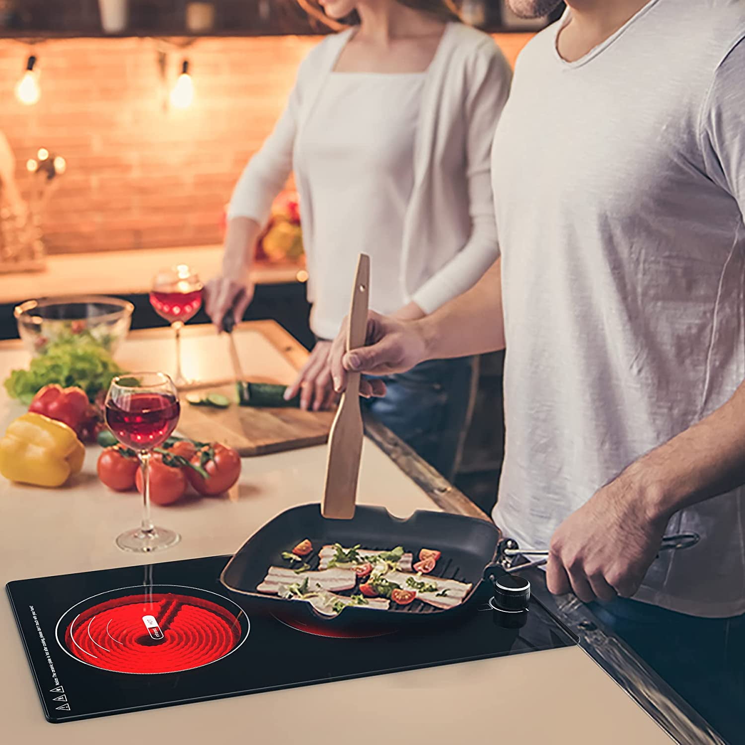 VBGK Electric Cooktop 2 Burner 12 Inch 2000W Electric Burner Countertop and Built-in Hot Plate for Cooking with Plug,120 Minutes Timer & Auto Shutdown Electric Stove,Child Lock Electric Stove Top
