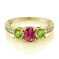 thumbnail image 2 of Gem Stone King 2.07 Ct Oval Pink Tourmaline Green Peridot 18K Yellow Gold Plated Silver Moissanite Ring (Size 7), 2 of 4