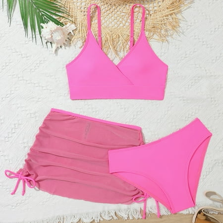 Bjutir Summer Girls Swimsuit Size 9-10 Years 3 Piece Plain Wrap Bikini With Ruched Cover Up Skirt Set Toddler Girl Swimwear Pink
