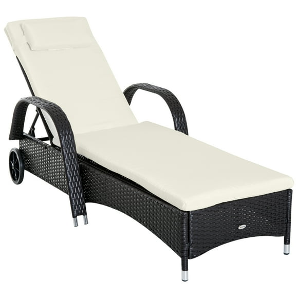 Outsunny Wicker Chaise Lounge, Outdoor Lounge Chair, PE Rattan Patio Sun lounger with Head-rest, 5-Level Height Adjust Backrest, Cushion & Wheels, Deep Coffee