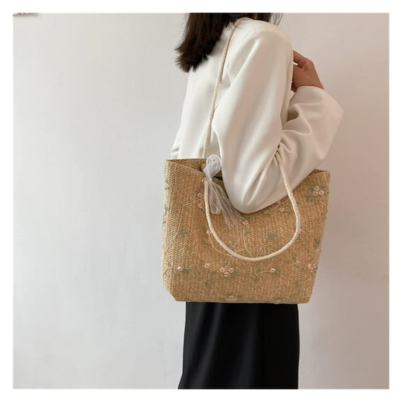 SkyAuks Beach Bag, Bowknot Braided Handbag for Vacation, Khaki