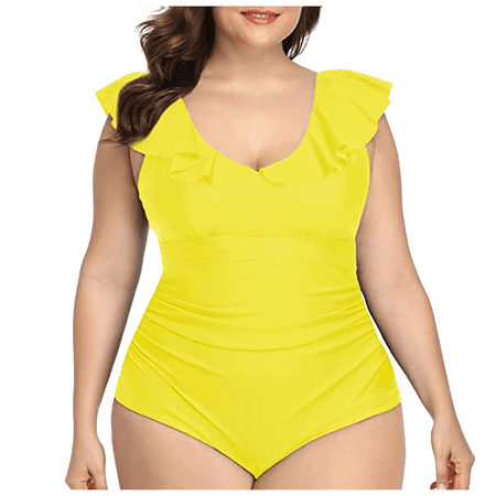 Fulorrnie One Piece Swimsuit for Women Tummy Control High Waisted Ruffled V Neck Swimwear Open Back Bathing Suit Yellow L