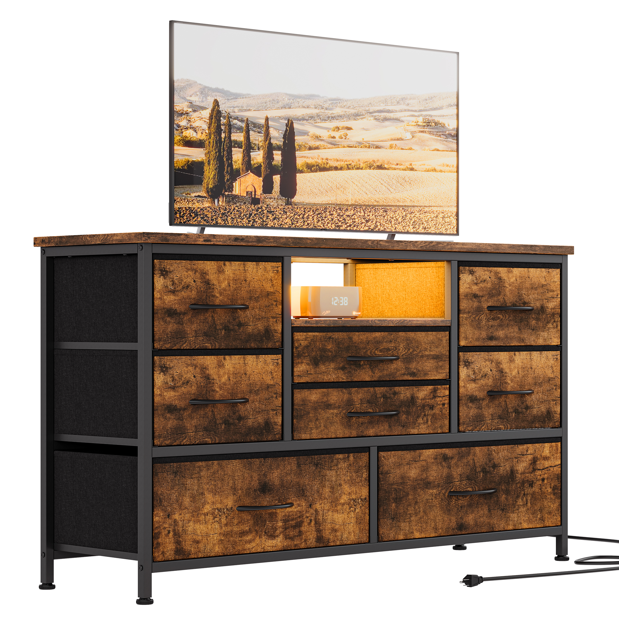 Towallmark 8-Drawer Dresser TV Stand with LED & Power Outlet, Brown