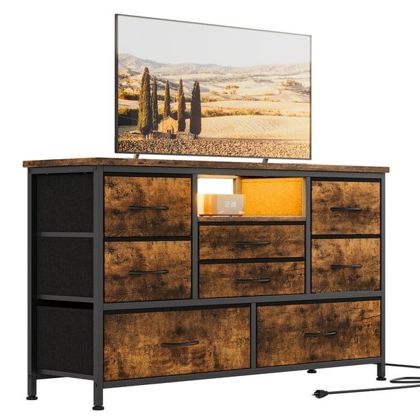 ChaoLink Cómoda para TV de 8 cajones con toma de corriente y luces LED para TV de 55", cómoda larga para dormitorio con 8 cajones profundos, mesa consola ancha para almacenamiento en armario
