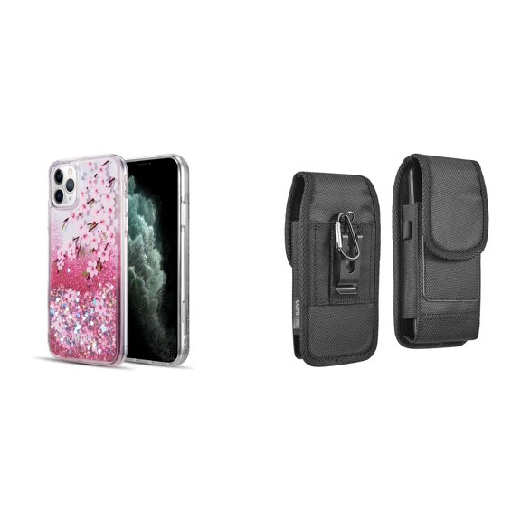 Liquid Glitter Case for iPhone 14 Pro Max and Belt Holster Pouch - Cherry Blossom