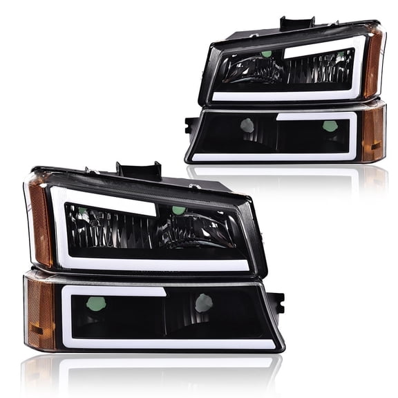 PIT66 Black Headlights Bumper Lamps Fit For 03-07 Chevy Silverado Avalanche W/ LED DRL Headlamp