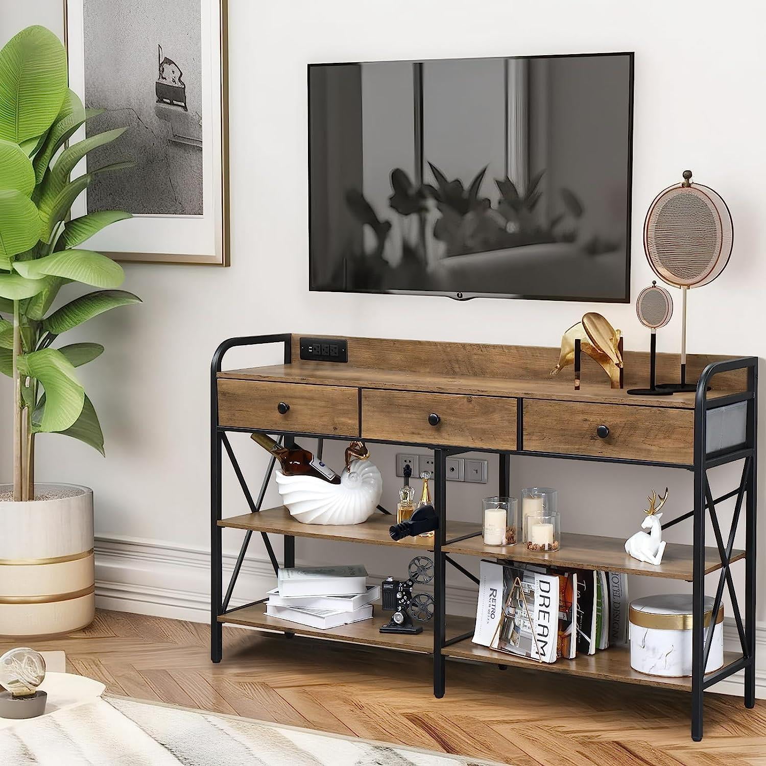 Zimtown Console Table with Power Outlet, 55" Narrow Sofa Table Industrial Entryway Table with USB Ports, Behind Couch Table for Entryway, Hallway, Foyer, Living Room, Bedroom