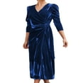 thumbnail image 3 of Femmes Velours Midi Robe Bodycon Couleur Unie V-Cou Tie-Up Robe à Manches Longues Robe de Soirée, 3 of 5