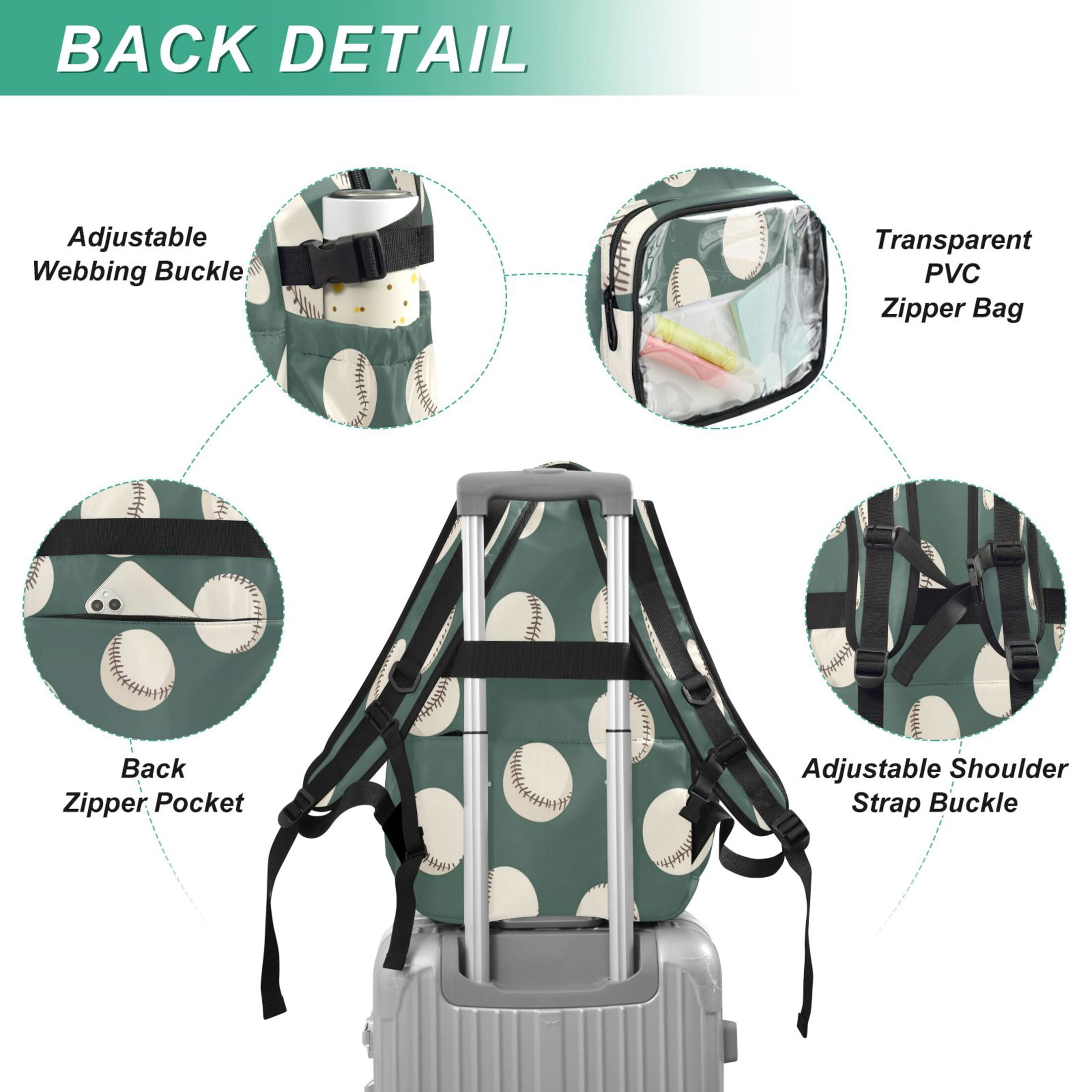 PVC Casual Backpack 25L Daypack with Laptop Compartment Lightweight Travel Backpack for Work Outdoor Activities Green Baseball Pattern