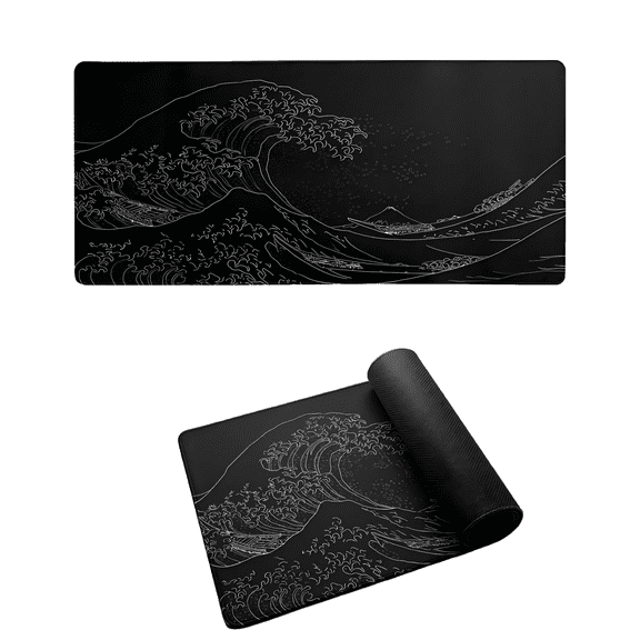 Large Japanese Sea Wave Mouse Pad, 31.5 x 11.8 Inch Extended Anime Gaming Desk Pad, Black Kanagawa Mat with Non-Slip Rubber Base, 3mm Thick Long Mousepad for Keyboard and Mouse