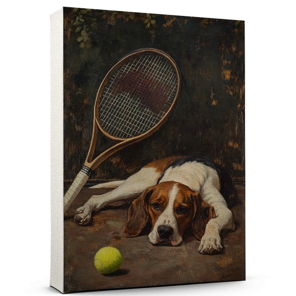 Treeing Walker Coonhound Cute Dog Tennis Stretched Canvas Size 8x12 – Retro Treeing Walker Coonhound Dog Batter in Action With Tennis for Themed Living Room