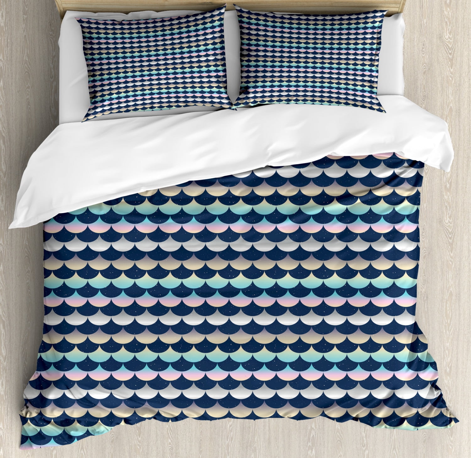 Fish Scale King Size Duvet Cover Set, Japanese Style Dreamy Artful Scales with Smooth Color