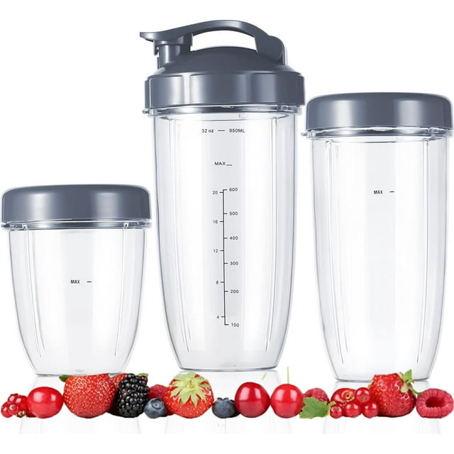Blender Attachment - 5 Pcs - Tasses de Remplacement pour Blender Nutribullet, Tasses 32oz/24oz/16oz avec Couvercle Rabattable et Couvercle Refermable Qui Reste Frais et Joint en Caoutchouc, Compatible avec Fits
