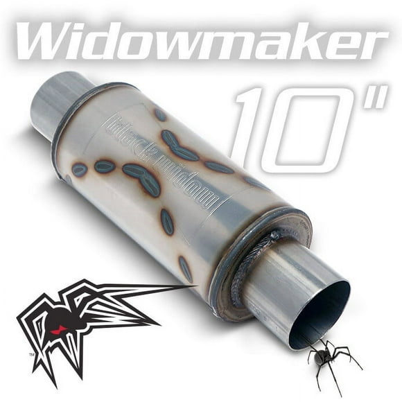 Black Widow Exhaust Silencieux d'Échappement BW0013-2 Veuf; 10 Pouces de Longueur x 5 Pouces de Hauteur; Rond; Boîtier en Acier Inoxydable; Entrée Centrale Unique de 2-1/2 Pouces; Sortie Centrale Unique de 2-1/2 Pouces