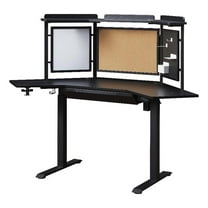 Pemberly Row Corner Electric Standing Desk with Back Board and Drawer in Black