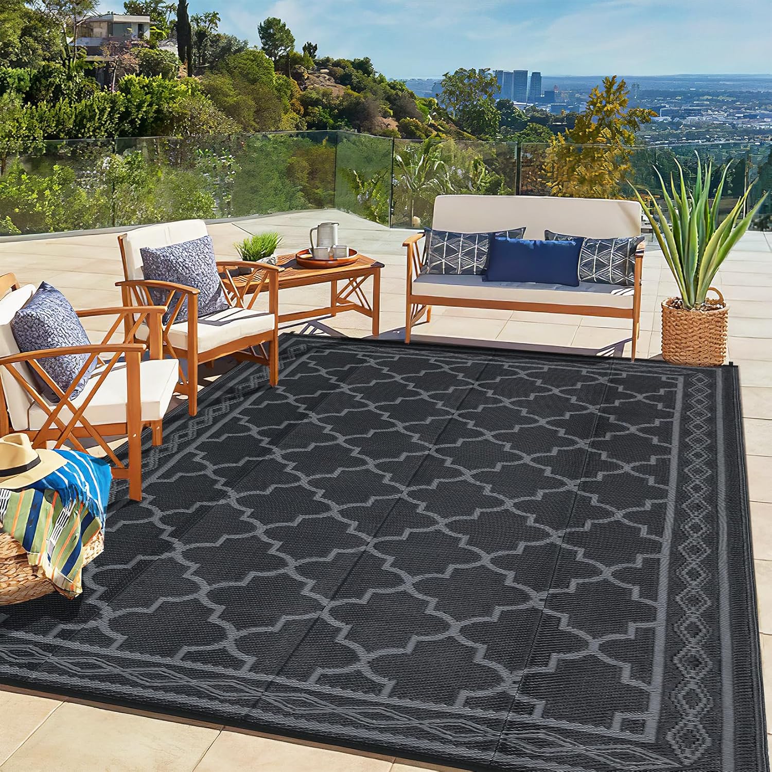 Memoryfield Waterproof Outdoor Rug 10x14ft for Patios, Plastic Straw Rug Outside Carpet Mats for Picnic, Backyard, Deck, Balcony, Porch, Beach, Black & Gray