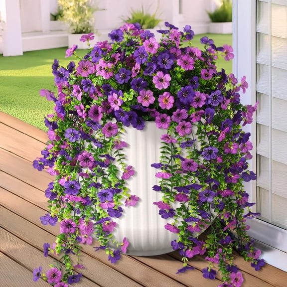 TETOU Artificial Hanging Flowers for Outdoor,2 Pcs UV Resistant No Fade Fake Silk Daisy Flower for Spring Summer Outside Planter Front Door Garden Farmhouse Decoration(Double Purple)